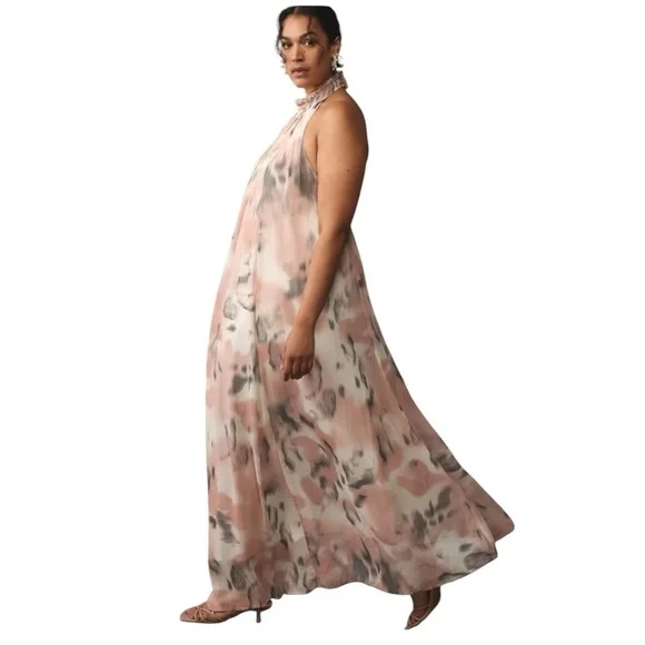 ANTHROPOLOGIE Maeve Sheer Printed Halter Maxi Dress Open Back Size 1X NEW - Picture 7 of 16